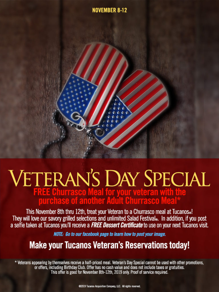 Tucanos FREE Churrasco Meal (with Purchase) Military Veterans