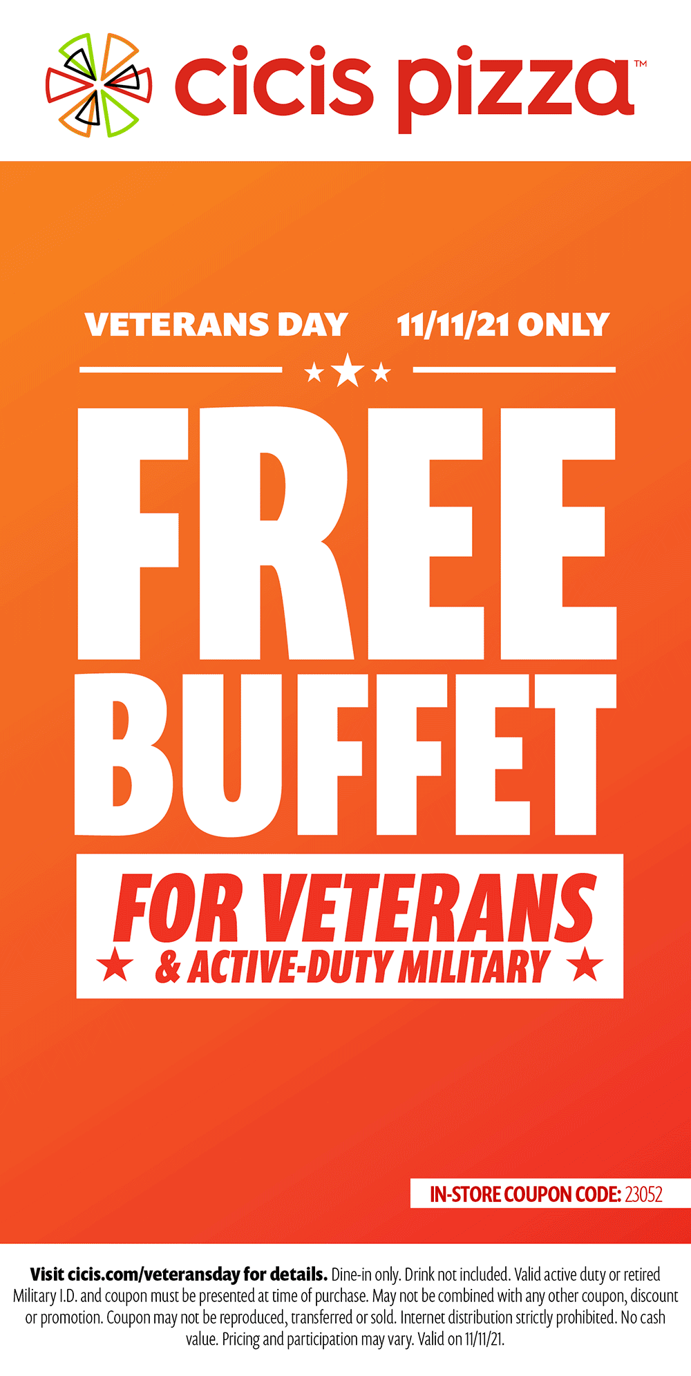 Cicis Pizza Veterans Day FREE Adult Buffet Military Veterans