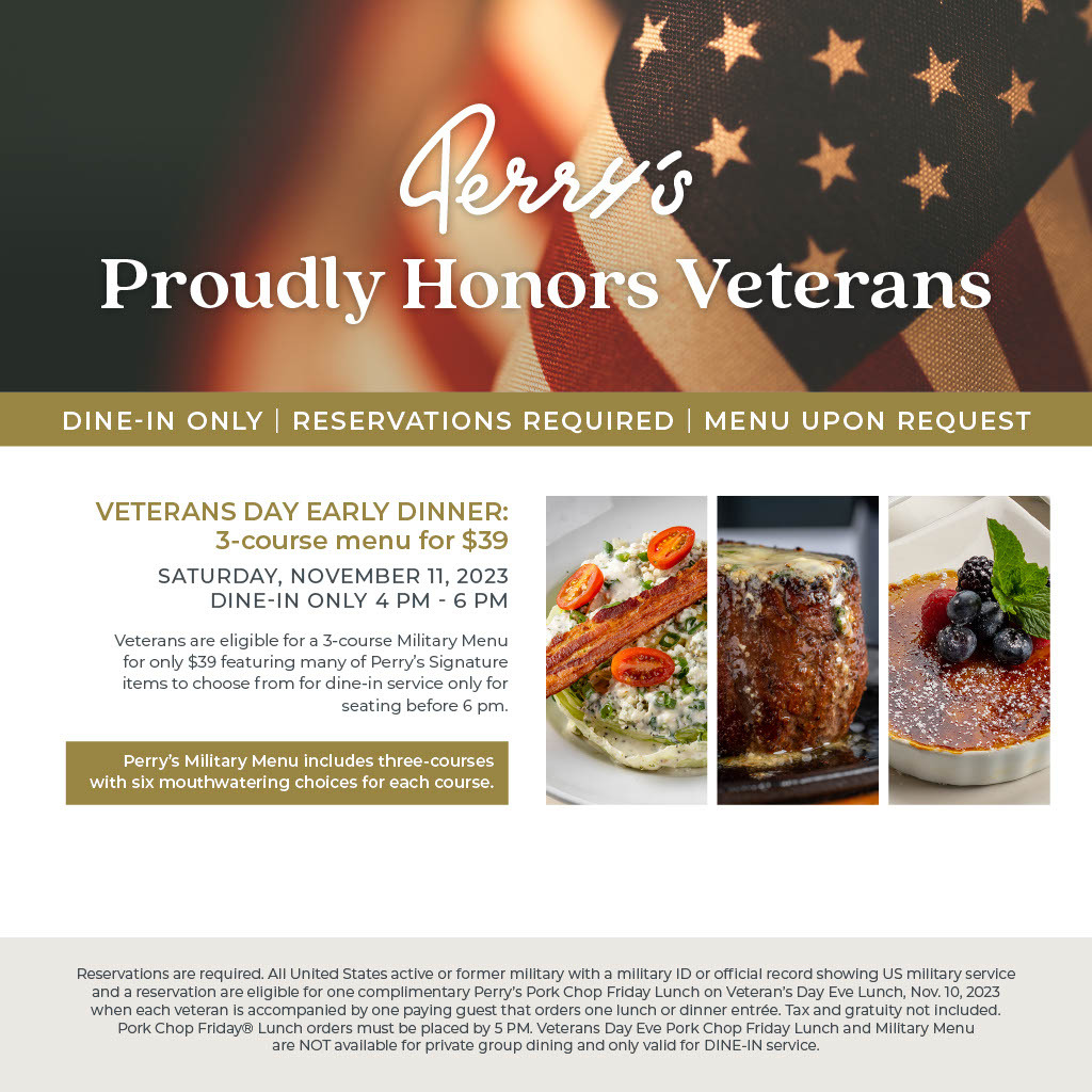 Perry’s Steakhouse & Grille Veterans Day Special Offers (FREE Pork Chop Lunch or 3-Course $39 Military Menu)